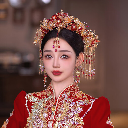 DR-FLVVS Fat Donglai's same style phoenix crown Xiamei headdress Chinese style bride Xiuhe 2024 new style atmospheric front and rear hair crown wedding eyebrow model phoenix crown suit + ear clip