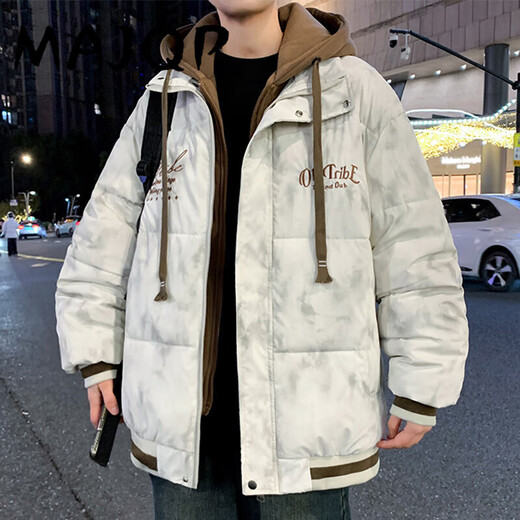 MAJQP Cotton Jutk Men 2024 Зимняя новая утолщенная теплая фальшивая двухсекционная хлопчатобумажная куртка мужчина молодежная модная бренда с капюшоном с капюшоном 6626 серо-белый L около 90-115 Jin [Jin равняется 0,5 кг] может быть носить