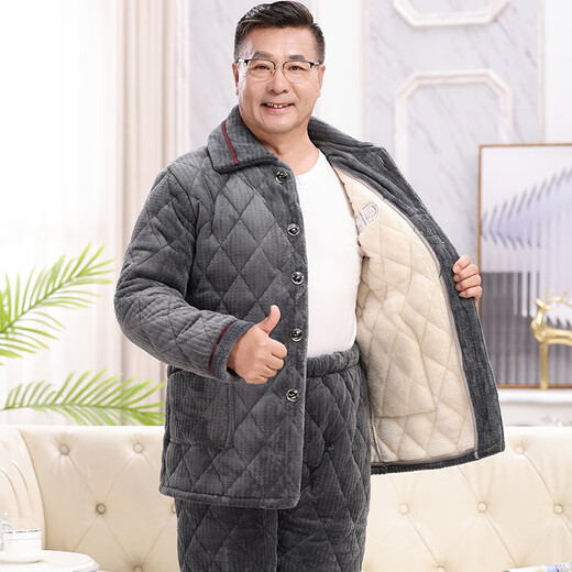 Pajamas pour hommes Xuanduoqi en hiver épaissis et velours corallien velours à trois couches en coton de l'âge moyen et âgés père d'automne et de vêtements de maison d'hiver C9902 # hommes gris noir [Velvet de lait] xl (120-140jin [Jin équivaut à 0,5 kg]) à trois couches épouses épaisseries