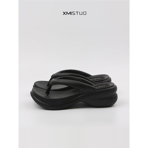 CUGGCK Japanese heel thick-soled flip flops for women in summer wear 2025 new fashionable non-slip simple foot-clip beach sandals 5012 black high-heel thick-soled flip flops 39/40
