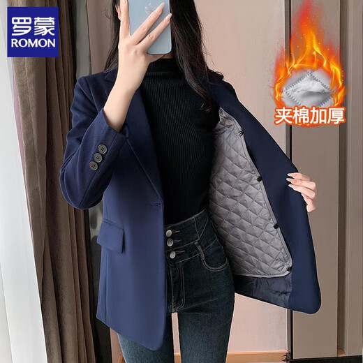 ROMON quilted suit jacket for women winter thickened 2026 new small casual temperament Korean style cotton woolen suit detachable quilted style blue suit + quilted S