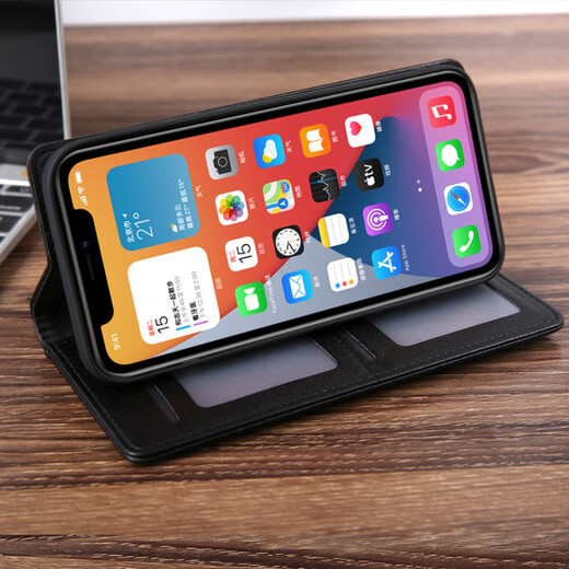 锦灏适用iPhone13pro max手机壳真皮翻盖插卡苹果12钱包保护套支架全包防摔 翻盖插卡支架黑色 iPhone 12 / 12Pro