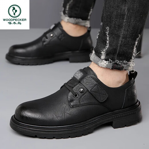 Woodpecker men's autumn breathable British style formal leather shoes trendy versatile soft sole casual shoes retro men's workwear shoes 9909 black 39