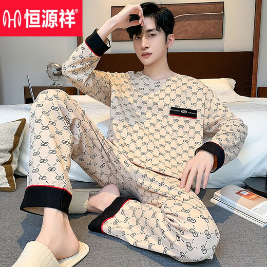 恒源祥（HYX）纯棉睡衣男长袖春秋款全棉休闲宽松大码可外穿家居服两件套装秋季 KJ9901 2XL (180)