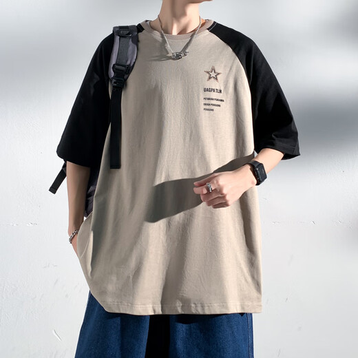Camiseta de manga corta de Foss Phil para la camiseta de empalme de la marca de verano de los hombres para los hombres que contrastan a media manga 3968 Caki XL