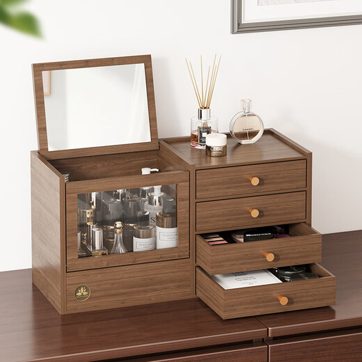 SHUSHI dust-proof cosmetics storage box wooden dresser desktop drawer-type large-capacity skin care product storage rack with mirror dust-proof cosmetics storage box with mirror 48.5*19*25cm