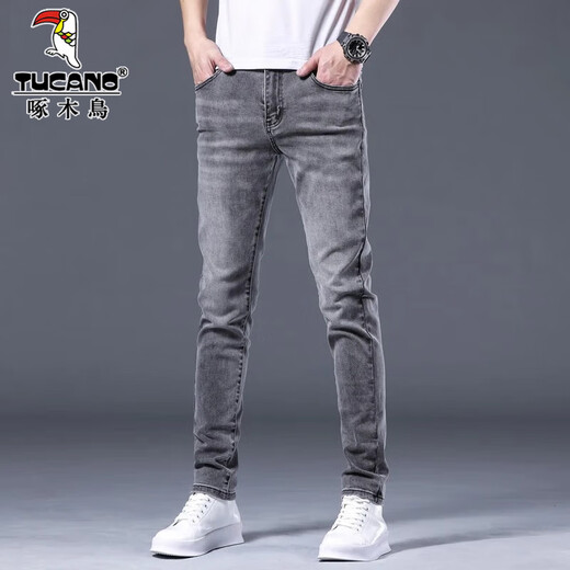 
Woodpecker jeans men's ripped slim feet Korean style trendy summer new style trousers stretch casual versatile pants men QQN1048 smoke gray 28