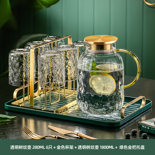 MIDOC light luxury glass water cup, home tea cup, high-looking bark pattern heat-resistant living room drinking cup set for entertaining guests, 6 tree pattern cups + gold frame + tree pattern pot + green tray