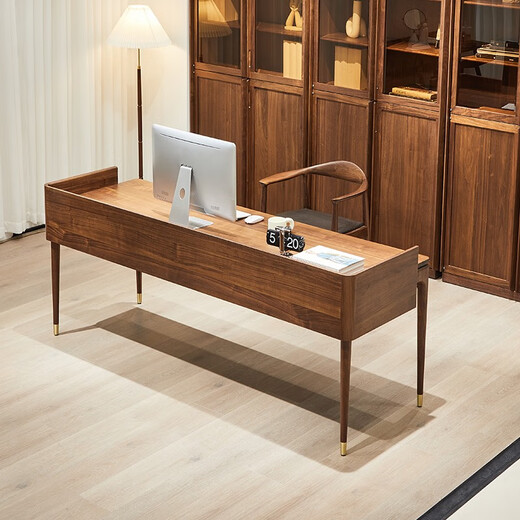 Youthful trend black walnut solid wood desk, large long desk in the living room, sofa back desk, simple double desk, single desk (with multi-function socket) 204*68*75cm
