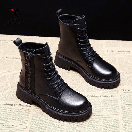 Gardenia Martin Boots Women's New Velvet Women's Cotton Shoes Fashionable White Shoes Women's Boots 2022 Autumn Short Boots Women's Korean Style Casual Shoes Warm Leather Boots High-Top Shoes Women's G-18 Black [Fleet] 37 (Priority Shipping)