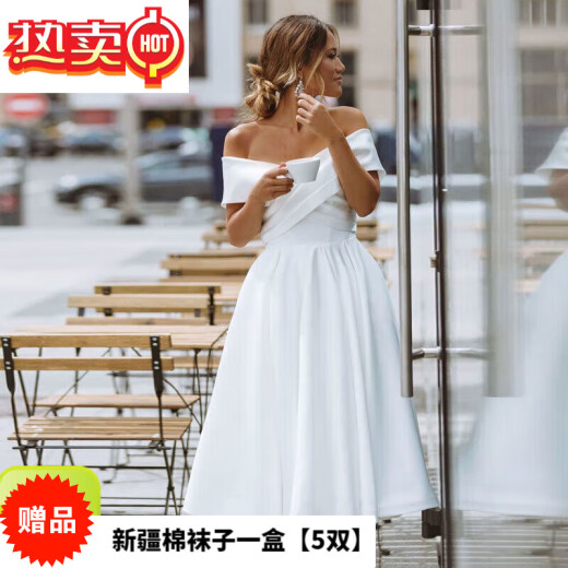 abqd carefully selects European and American wish satin wedding dresses, one-line collar, elegant and simple off-the-shoulder dress for women, white [returns are not supported for reservations] S [returns are not supported for reservations]