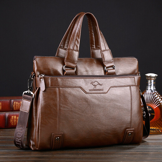 
Kangaroo Cube Brand Men's Bag Men's Soft Leather Cowhide Business Bag Horizontal Handbag Episode Cross-Band Fashion Briefcase Shoulder Bag Brown