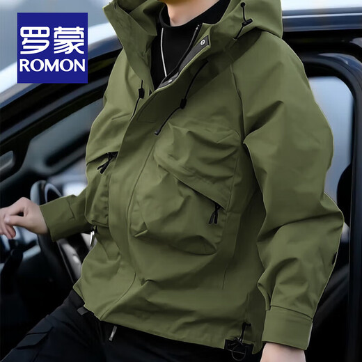 ROMON functional wind outdoor jacket men's spring and autumn new workwear hooded jacket men's windproof mountaineering clothing travel regular style - fluorescent green L size (recommended 110-130 Jin Jin equals 0.5 kg)