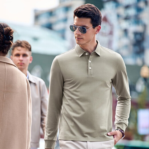 Mr. Bu spring and autumn style men's long-sleeved pure cotton T-shirt patented eight-character collar business casual men's clothing BT11972 bronze green M (170)