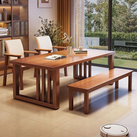GIVANSH New Chinese Dining Table Home Dining Table Chair Combination Simple Living Room Large Board Reading Table Workbench Integrated Solid Wood Desk CR9901# Walnut Color Single Table 140x80x75cm
