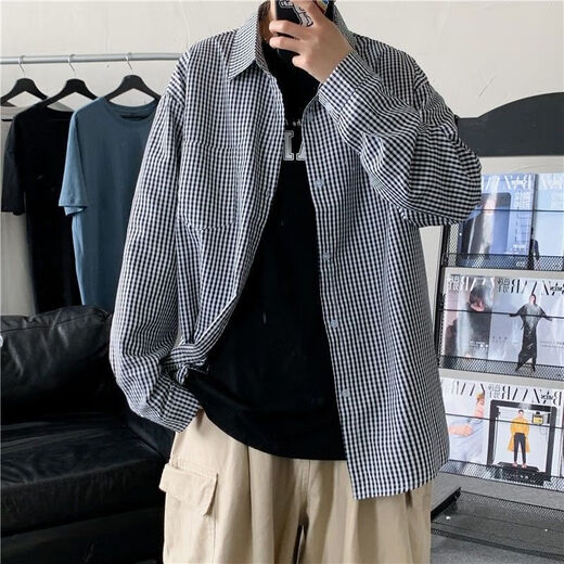 
MGJO flannel shirt men's plaid shirt men's long sleeves 12 spring and autumn high-end inner wear Korean style trendy slim fit and handsome no-iron casual business shirt 9923 small plaid black L 115Jin [Jin equals 0.5 kg] wear below
