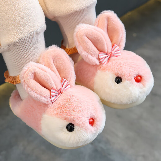 Miao Fei Children's Cotton Slippers Girls Winter Cartoon Cute Rabbit Home Slippers Warm Anti-Slip Baby Cotton Slippers Boys Pink (It is recommended to take one size larger) 16.5 cm 26-27 size