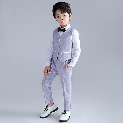 闪闪蓝宝 儿童西装男童礼服西服套装花童演出服小孩钢琴表演服主持人正装 灰色外套+马甲+长裤+领结 120码建议体重37-43斤