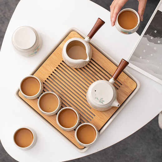 SUSHI CERAMICS herbal gray glaze Kung Fu tea set solid wood handle double-sided teapot bamboo surface water storage saucer gift box J0506
