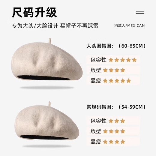Scarecrow Beret 2024 Autumn and Winter New Wool Fashion Big Head Hat Retro Face-Showing Little Painter Hat Beige Milky White - Upgraded Big Head Circumference (Suitable for 56-62 Big Head Circumference) One Size