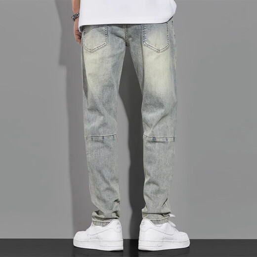 Ecken American retro yellow mud jeans men's autumn washing high street straight loose spring and autumn nostalgic men's casual pants 1098 light blue 30