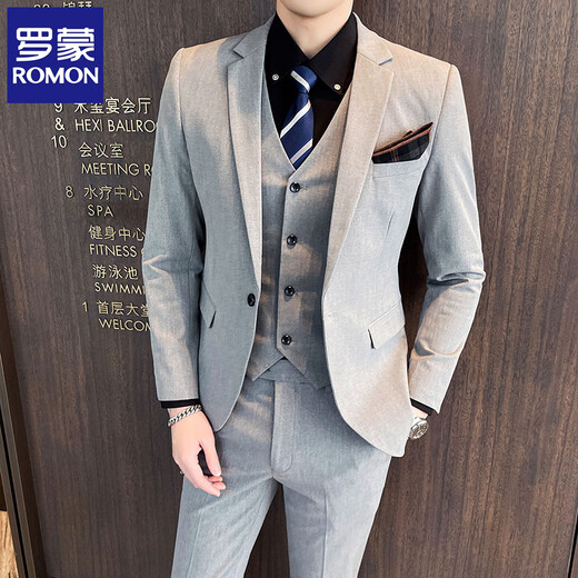 ROMON Men's Suit Suit Men's Business Casual Slim Business Formal Small Suit Young Groom Wedding Dress Dark Gray Single Suit + Tie XL (120-135 Jin Jin equals 0.5 kg to wear)