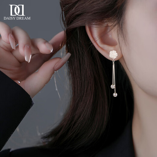 DAISY DREAM925 silver camellia tassel earrings for women, light luxury, high-end earrings, 2025 new earrings, camellia pearl earrings, 925 silver