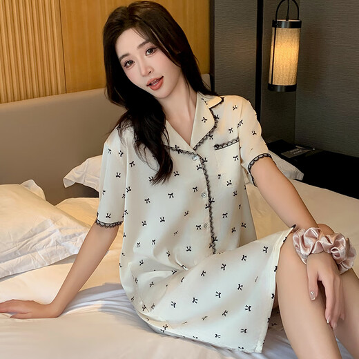 莫代尔凉感冰丝睡裙家居服开衫小翻领衬衫裙中长款睡衣裙子冰雪丝 11972 均码 80-135斤