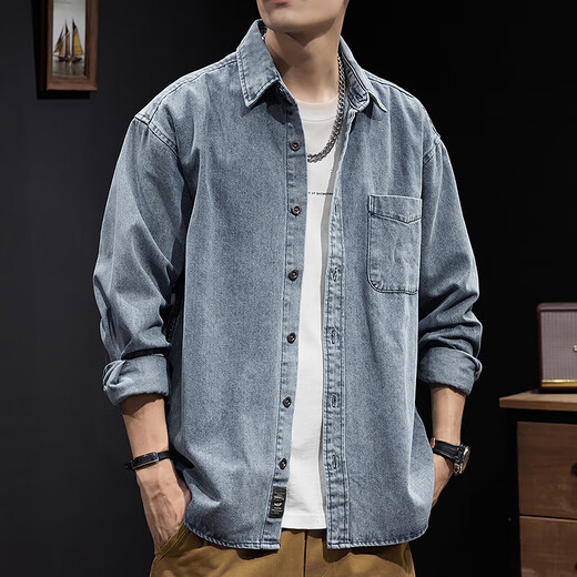 罗蒙牛仔衬衫男士秋季户外重磅工装外套春秋季美式蓝色耐磨纯色上衣男 Z757黑色 L