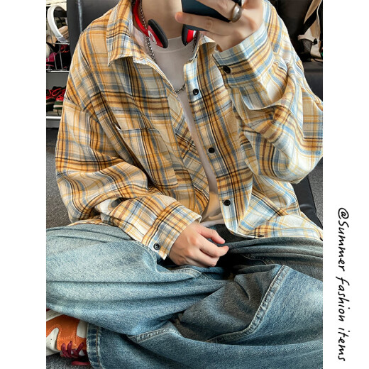 裴诗妍蓝色磨毛格子衬衫男款长袖秋冬季加绒加厚美式复古通勤风衬衣外套 c9734黄格 加绒 M  95-115斤可穿