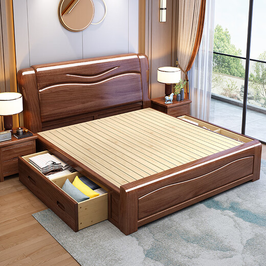 Lit en bois massif fanyi, noix dorée simple et double 1,8 mètres 1,5 m chinois luxe de luxe haut dracher de rangement de rangement 826 # lit en bois massif + 2 armoire + 8 cm tampon marron 1,8 m * 2,0 m
