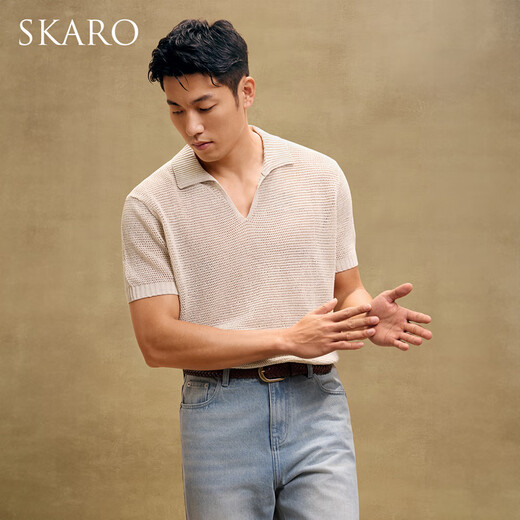 
SKARO [Hole Knitted] Seagull Neck POLO Shirt Men's 2025 Summer Casual Breathable V Neck Short Sleeve T-shirt Apricot SKP841 XL (=Shirt size 42)
