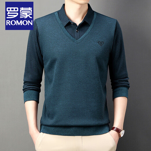 ROMON fake two-piece long-sleeved T-shirt for men's spring and autumn new lapel base top casual business Polo T-shirt for men T 6630-Gray L