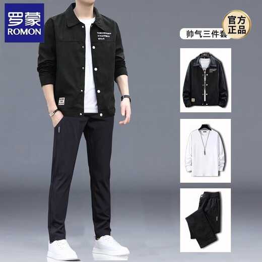 ROMON jacket men's suit spring and autumn new Korean style set of trendy youth casual clothes men's three-piece set J06 dark gray jacket + cotton white T + K1063 black XL 120-140Jin Jin equals 0.5 kg