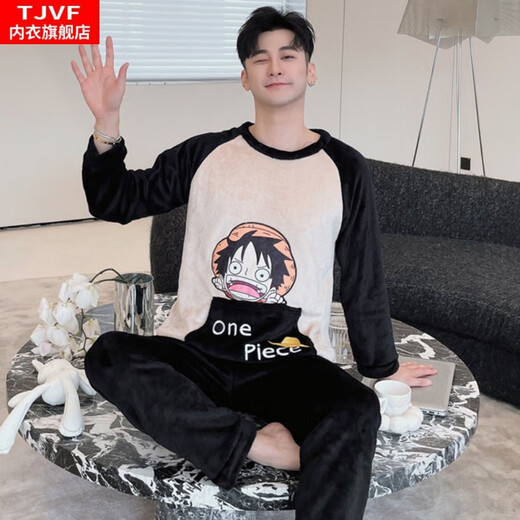 TJVF睡衣男士秋冬季薄款法兰绒学生卡通套头长袖珊瑚绒家居服套装 3889-HAPPY熊 XL 男