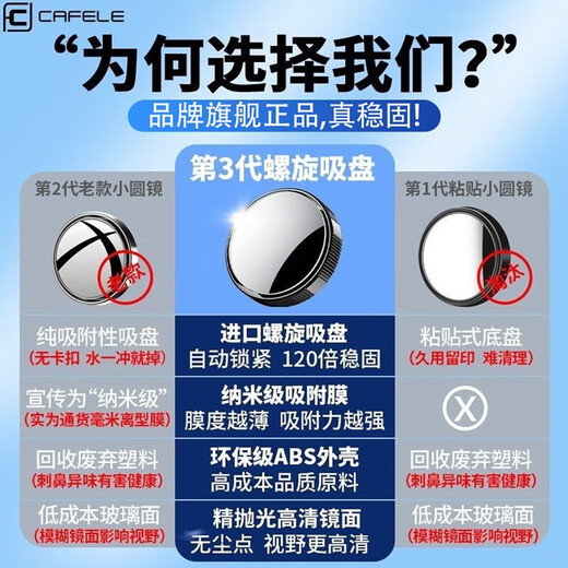 卡斐乐（Cafele）倒车镜小圆镜汽车后视镜辅助360度可调旋转高清防水反光镜倒神器 一对【真空吸盘】超清大曲面丨视野无盲区丨反复使用 德国【升级防爆边】超高清SR光学镜片-真防水防雾气