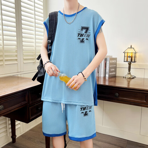 裴诗妍夏季冰丝无袖t恤男孩12-15岁初高中学生大童背心篮球服运动套装潮 6636浅灰背心+短裤 M  80-100斤左右