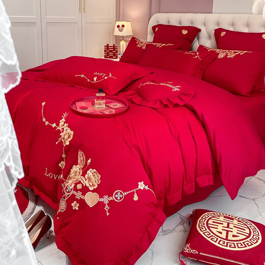 Antarctic wedding four-piece set of grinding tribute satin thickened big red wedding dowry Chinese wedding quilt full set, romantic 1.5-1.8 meters bed four-piece set (quilt cover 200*230)