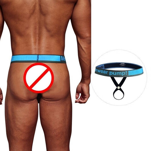 Men's T-string sports and fitness muscular men's underwear with hanging rings, buttock lifting sexy sexy underwear for free intercourse without taking off and receiving underwear, blue 1 piece M