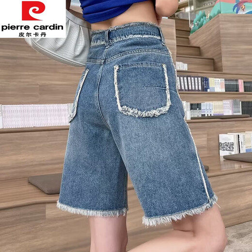 Pierre cardin denim shorts for women 2025 summer new five-point student retro high waist straight mattress loose hips to make them look thin 679 ripped black S