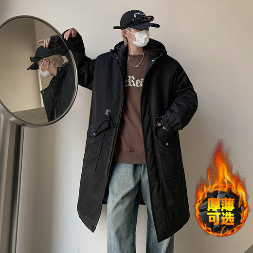 卡鲁微300斤特大码中长款风衣男士胖子连帽加棉外套男2025新款工装大衣 黑色加棉 厚款 5XL 建议200-220斤