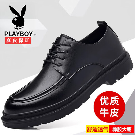 Playboy Cuero zapatos casuales para hombres uso formal de cuero genuino transpirable negro suave suela gruesa 2025 nuevos zapatos de cuero de cabeza grande para hombres encaje negro 9763 40