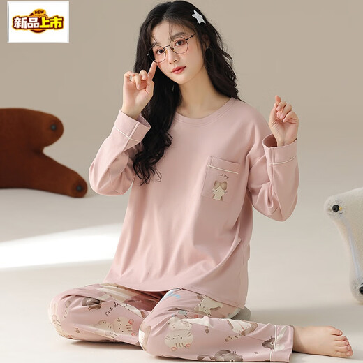 梦莲娅睡衣女春秋款长袖棉粉色卡通猫咪印花甜美学生家居服套装 o693a M 码(适合体重80-100斤)