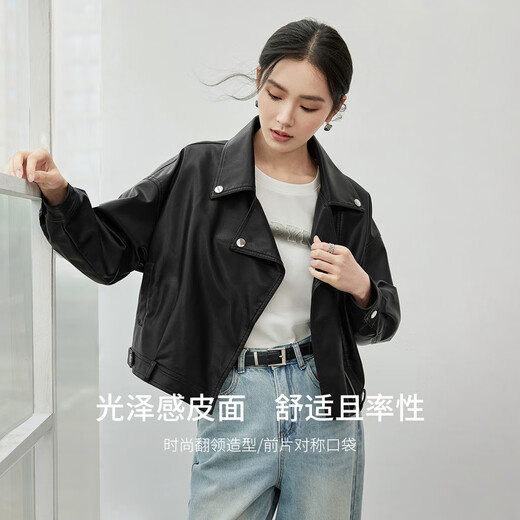 尚都比拉尚都比拉时尚机车风皮衣秋季休闲女士短款外套小个子上衣 黑色 M 