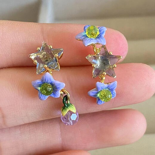 Caizhi French les enamel eggplant dream series blue jasmine faceted star gemstone earrings ring earrings