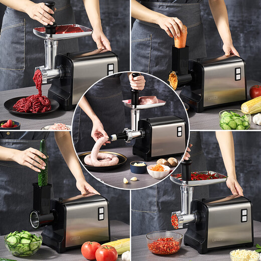 CAMOCA meat grinder, desktop household minced electric sausage sausage machine, small commercial enema machine, multi-functional meat mixer, cooking minced meat grinding machine, vegetables and garlic machine, beef and mutton, stainless steel body minced meat enema + shredded vegetable slices 5L MGL