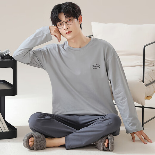 Langsha men's pajamas men's pure cotton 7A antibacterial and mite removal spring and autumn long-sleeved round neck suit can be worn outside simple home clothes