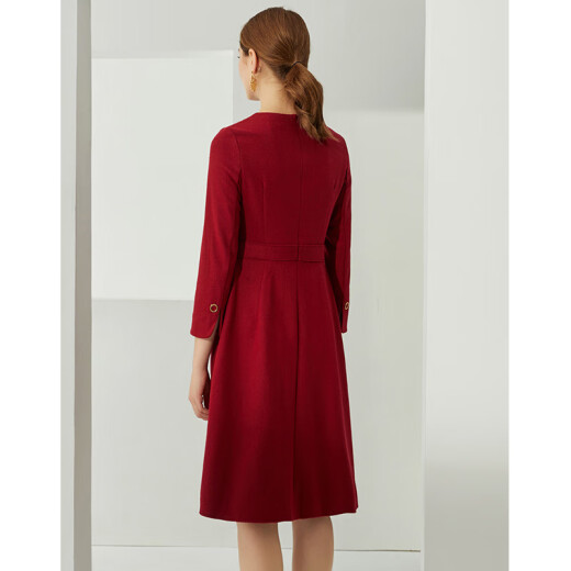 EITIE autumn new shopping mall same style solid color round neck asymmetric high-end fashion three-quarter sleeve dress 6407111 red vine 6136/S/155-80A