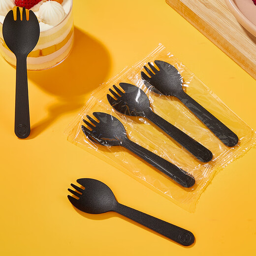 SHUANG YU disposable fork spoon frosted spoon fork 100 pieces individually packaged fruit dessert fork takeaway fast food spoon black