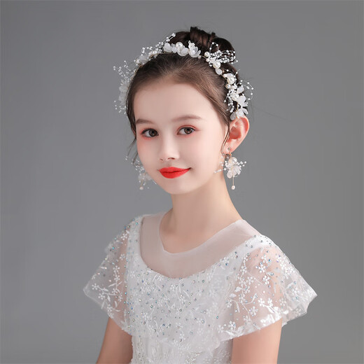 Children's garland headdress girl birthday show host hair accessories girl princess super fairy pink garland head flower jewelry white single headband + ear clip + wrist flower